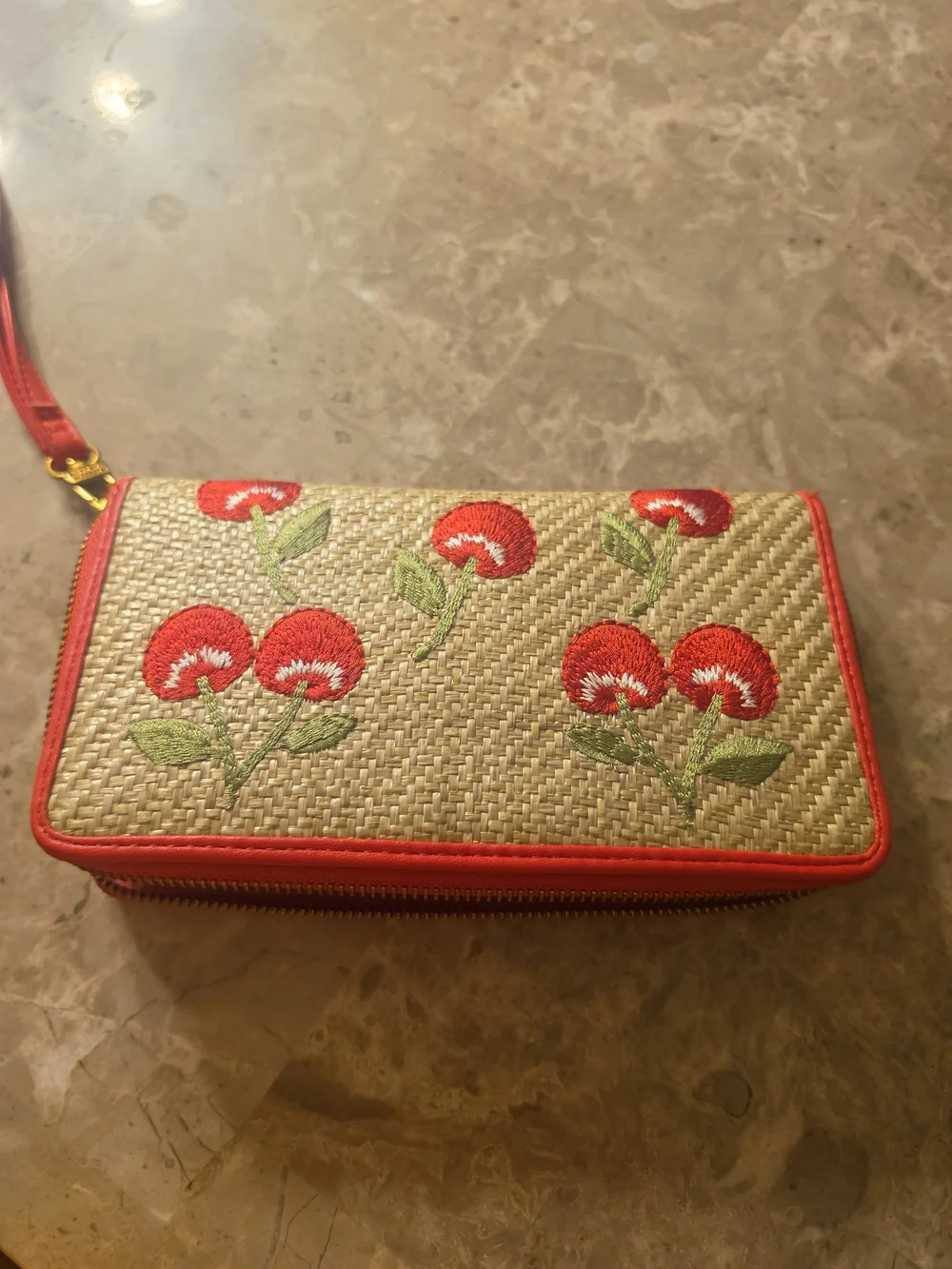 Steve Madden Red Cherry Straw Wristlet Clutch